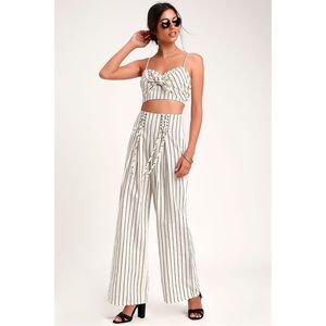 Henmar Ivory Striped Lace-up Wide-leg pants